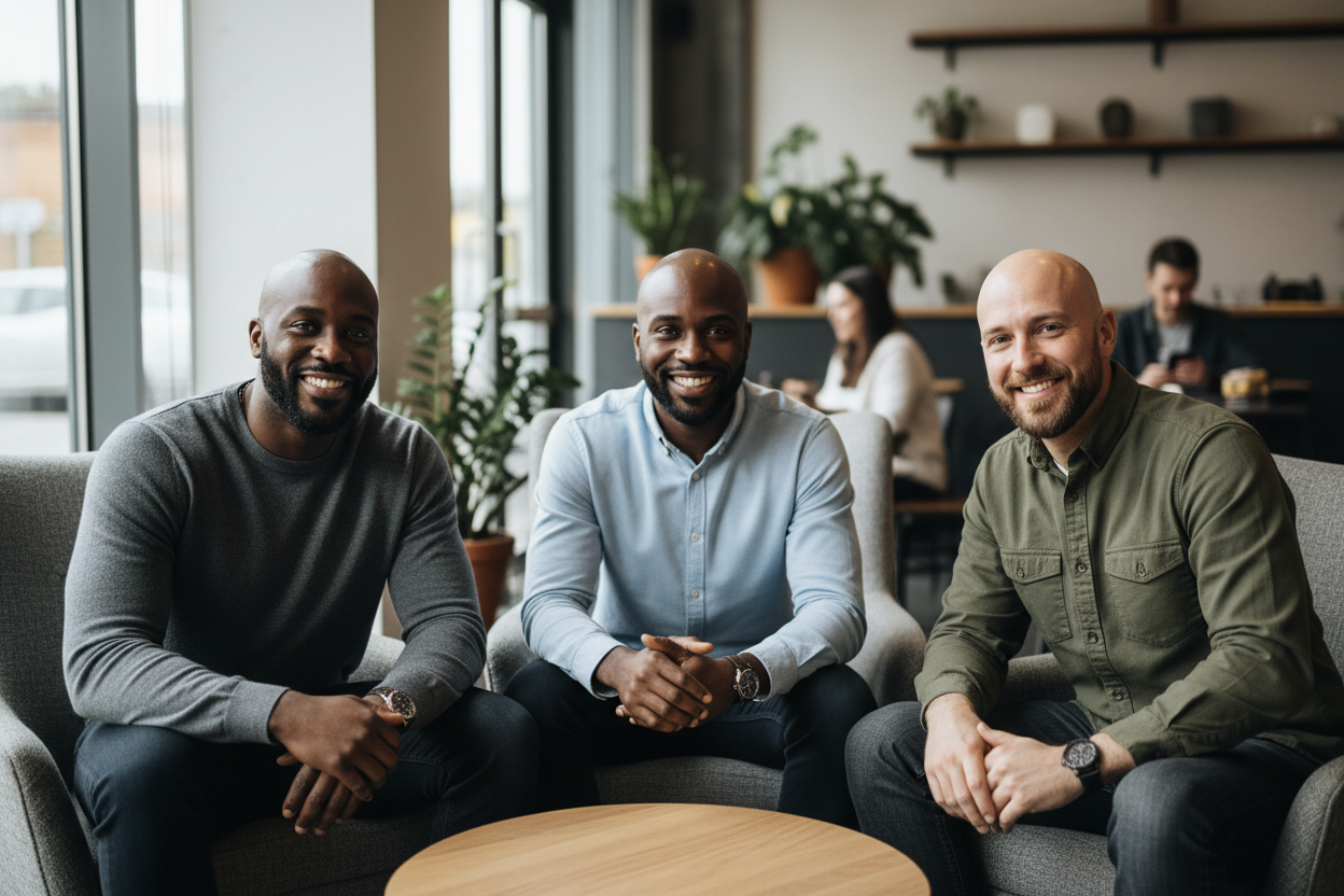 3 bald men 2african American and one white man sitting around talking confidently